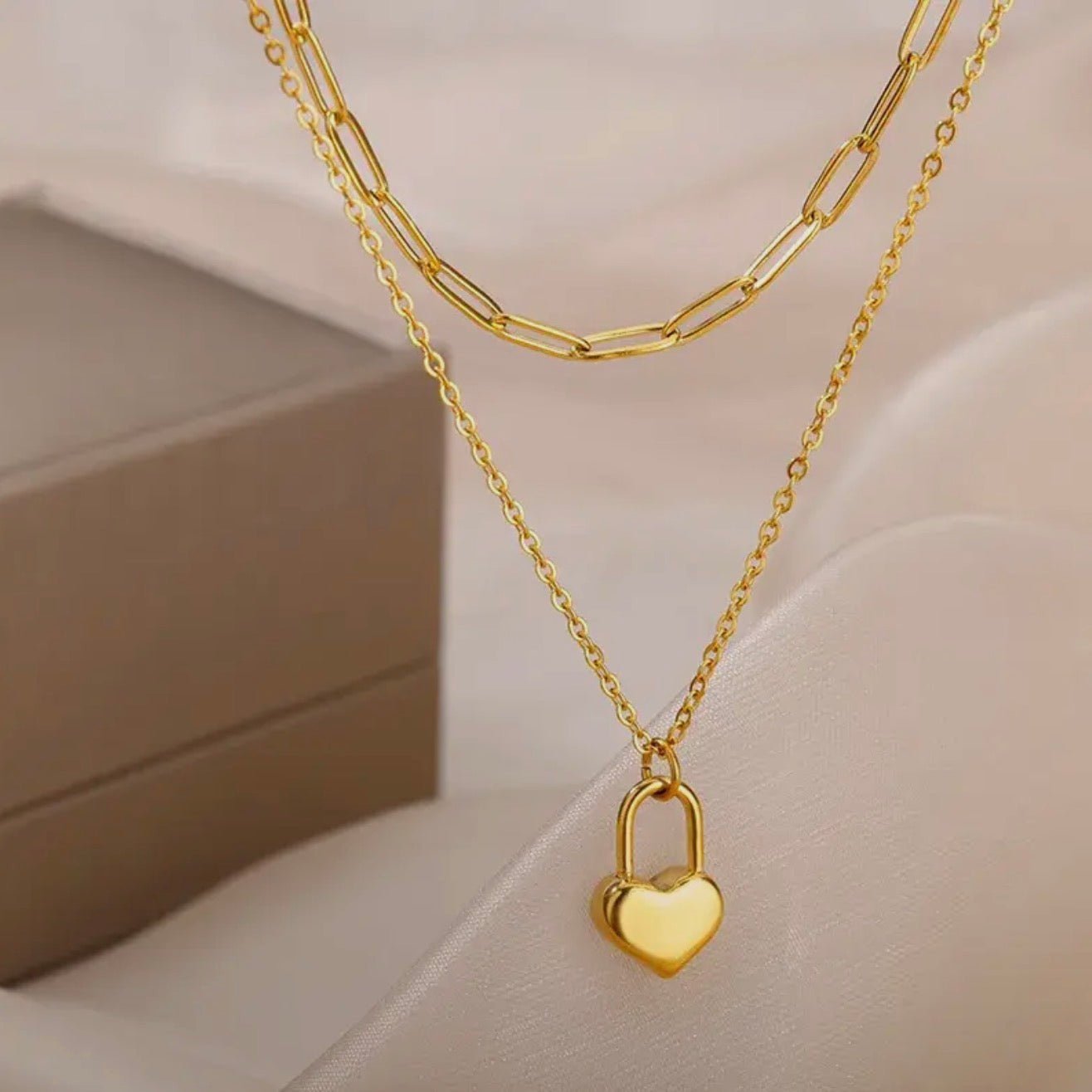 Double Layering Necklace with Paperclip & Lock Heart - Blue Sky Fashions & Lingerie