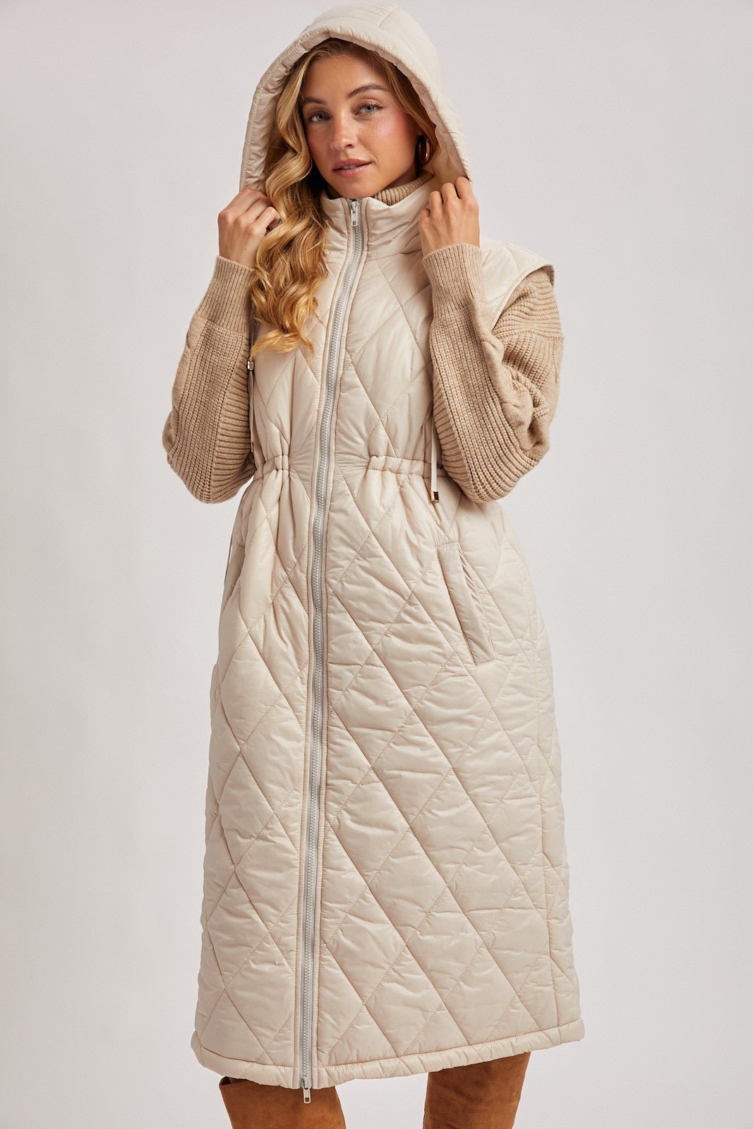Elyse Diamond Quilted Long Hooded Vest - Beige - Blue Sky Fashions & Lingerie