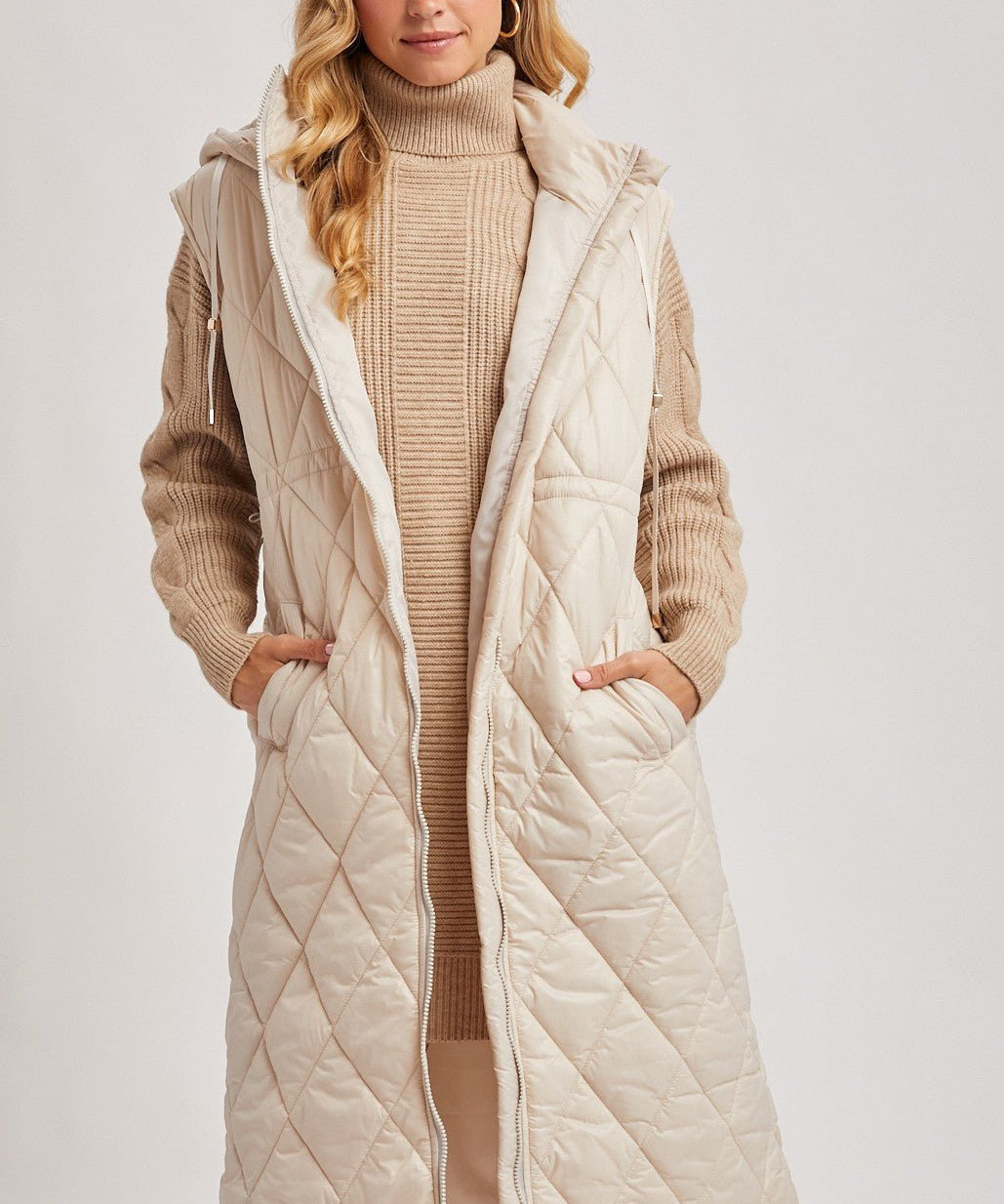 Elyse Diamond Quilted Long Hooded Vest - Beige - Blue Sky Fashions & Lingerie