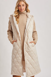 Elyse Diamond Quilted Long Hooded Vest - Beige - Blue Sky Fashions & Lingerie
