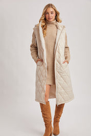 Elyse Diamond Quilted Long Hooded Vest - Beige - Blue Sky Fashions & Lingerie
