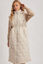 Elyse Diamond Quilted Long Hooded Vest - Beige - Blue Sky Fashions & Lingerie