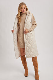 Elyse Diamond Quilted Long Hooded Vest - Beige - Blue Sky Fashions & Lingerie