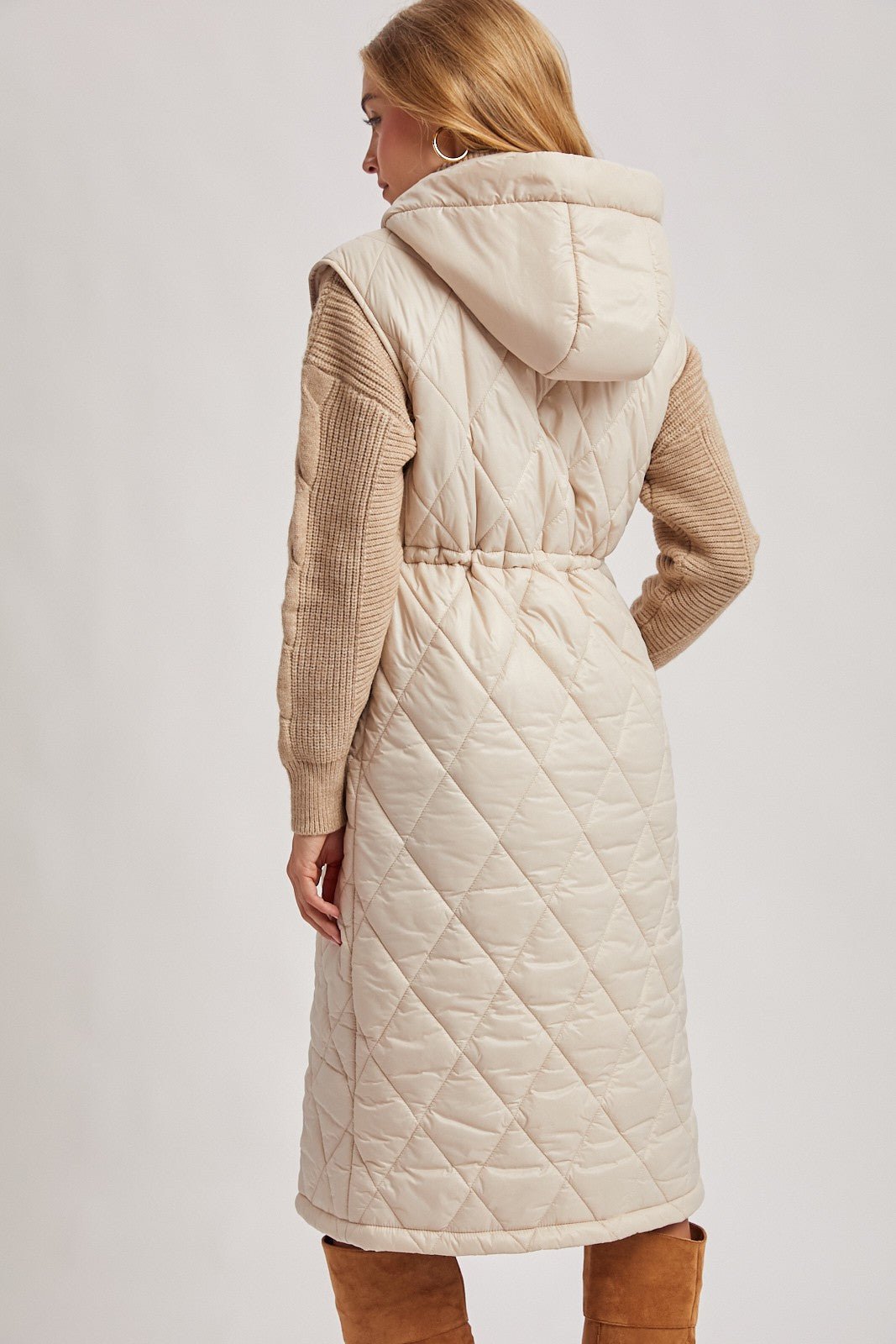 Elyse Diamond Quilted Long Hooded Vest - Beige - Blue Sky Fashions & Lingerie