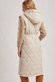 Elyse Diamond Quilted Long Hooded Vest - Beige - Blue Sky Fashions & Lingerie