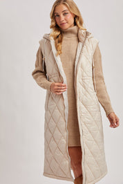 Elyse Diamond Quilted Long Hooded Vest - Beige - Blue Sky Fashions & Lingerie