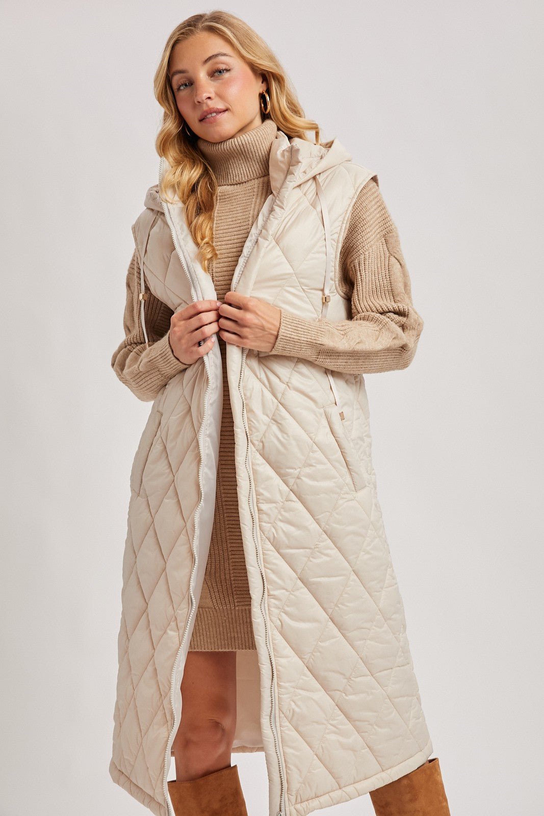 Elyse Diamond Quilted Long Hooded Vest - Beige - Blue Sky Fashions & Lingerie