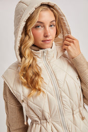 Elyse Diamond Quilted Long Hooded Vest - Beige - Blue Sky Fashions & Lingerie