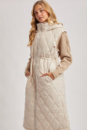 Elyse Diamond Quilted Long Hooded Vest - Beige - Blue Sky Fashions & Lingerie