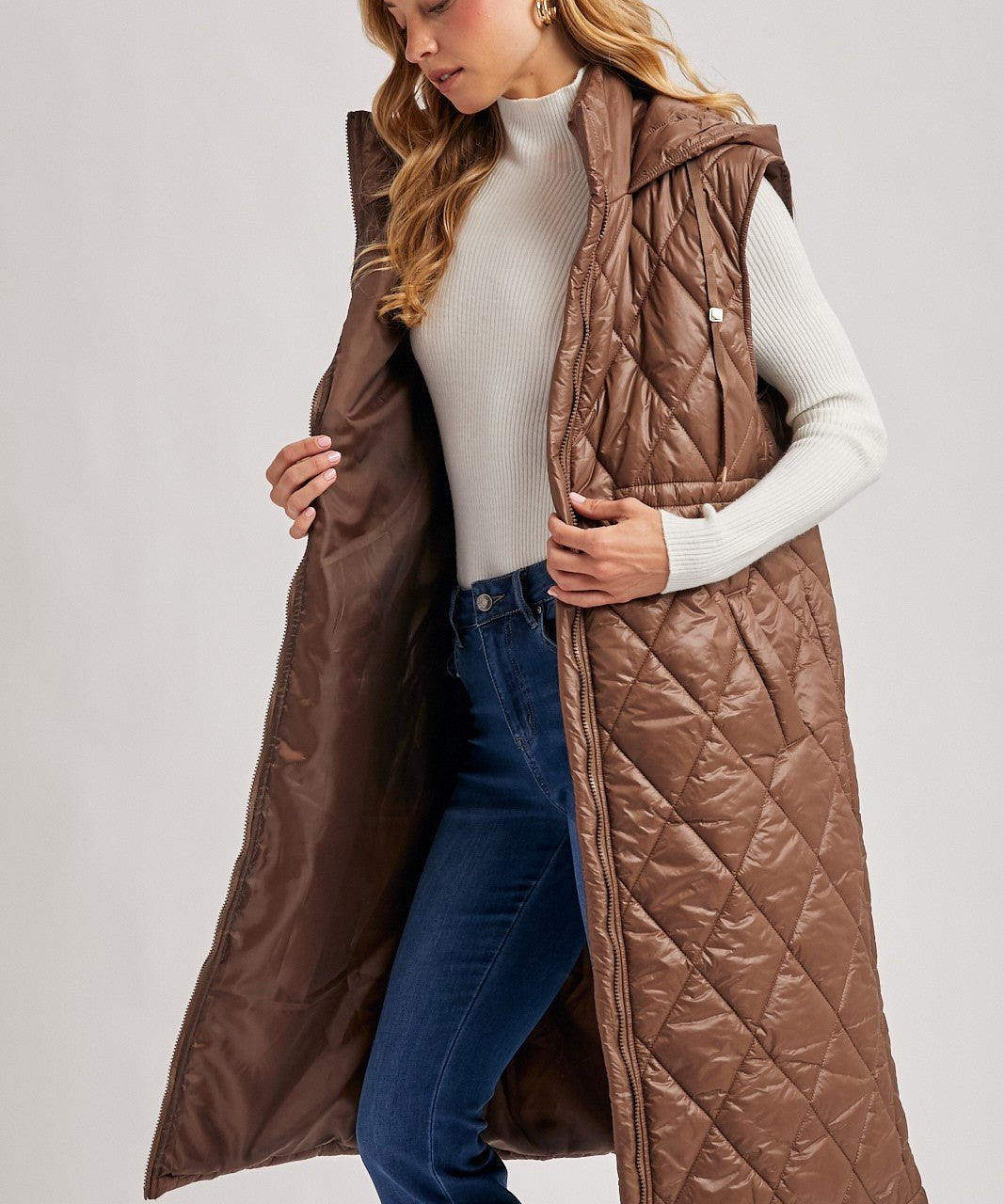 Elyse Diamond Quilted Long Hooded Vest - Coco - Blue Sky Fashions & Lingerie
