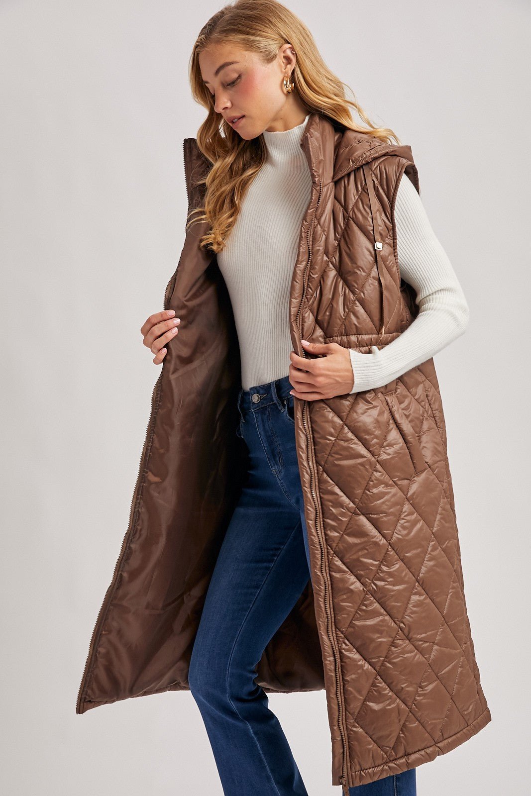 Elyse Diamond Quilted Long Hooded Vest - Coco - Blue Sky Fashions & Lingerie