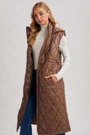 Elyse Diamond Quilted Long Hooded Vest - Coco - Blue Sky Fashions & Lingerie