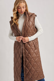 Elyse Diamond Quilted Long Hooded Vest - Coco - Blue Sky Fashions & Lingerie