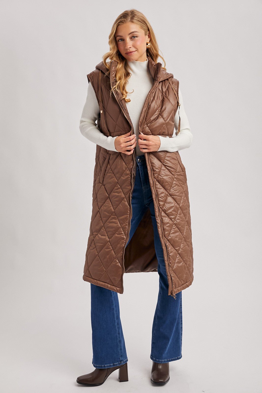 Elyse Diamond Quilted Long Hooded Vest - Coco - Blue Sky Fashions & Lingerie