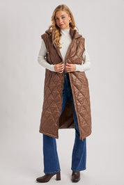 Elyse Diamond Quilted Long Hooded Vest - Coco - Blue Sky Fashions & Lingerie