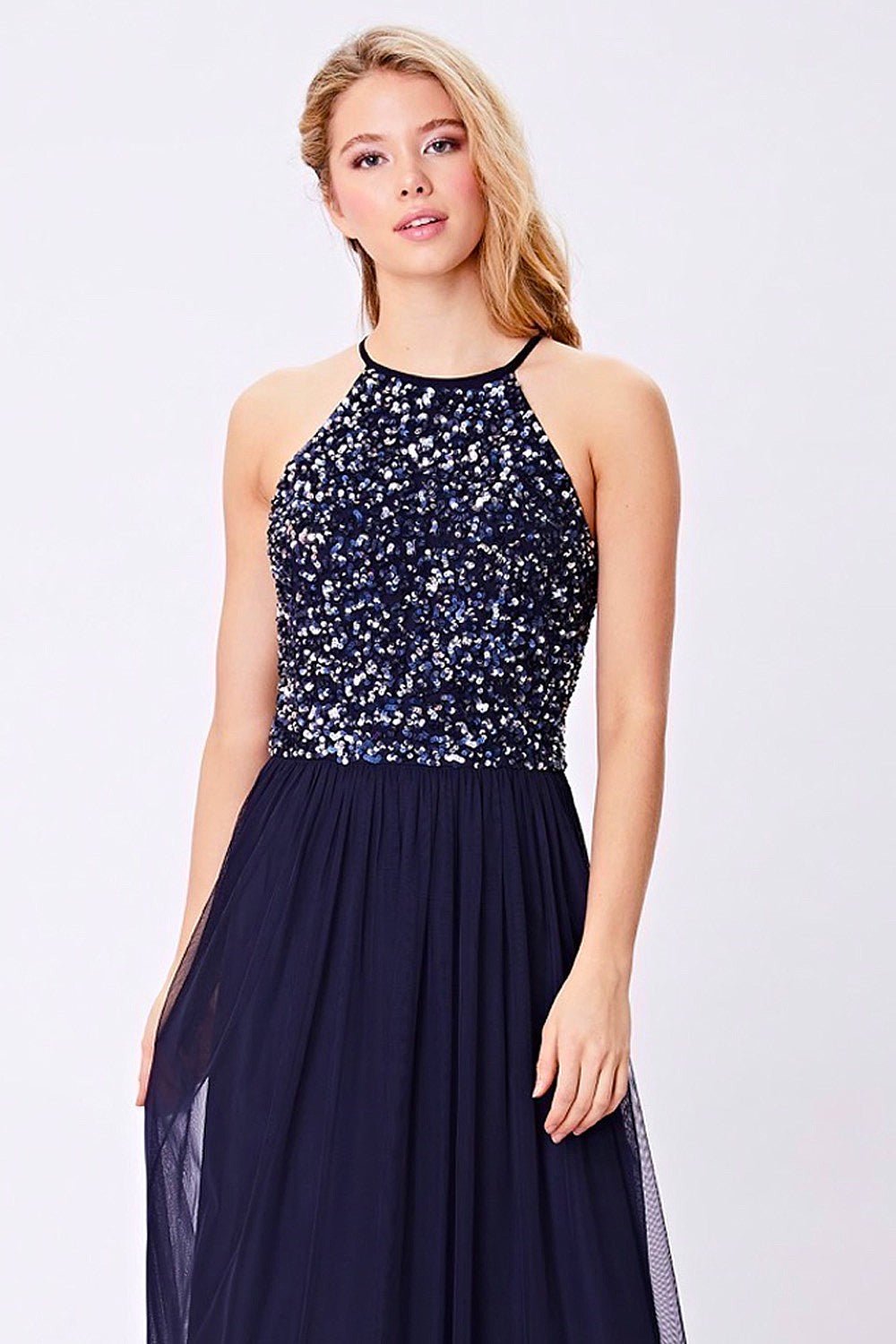 Embellished Halter Neck Sequin Midi Dress - Navy - Blue Sky Fashions & Lingerie