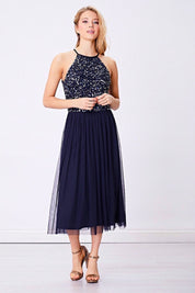 Embellished Halter Neck Sequin Midi Dress - Navy - Blue Sky Fashions & Lingerie