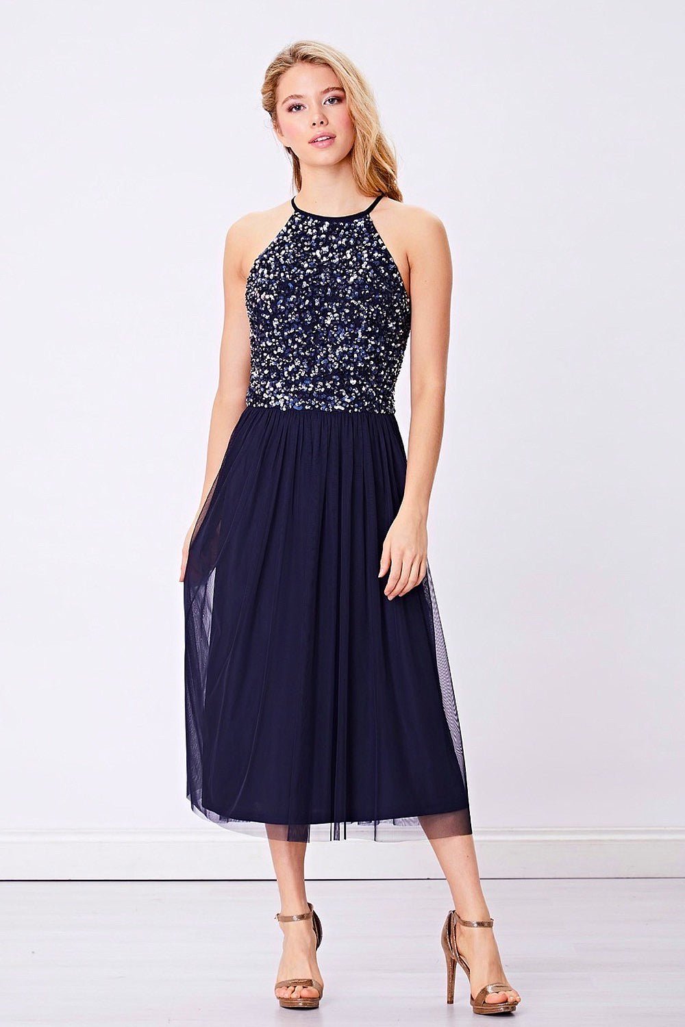 Embellished Halter Neck Sequin Midi Dress - Navy - Blue Sky Fashions & Lingerie