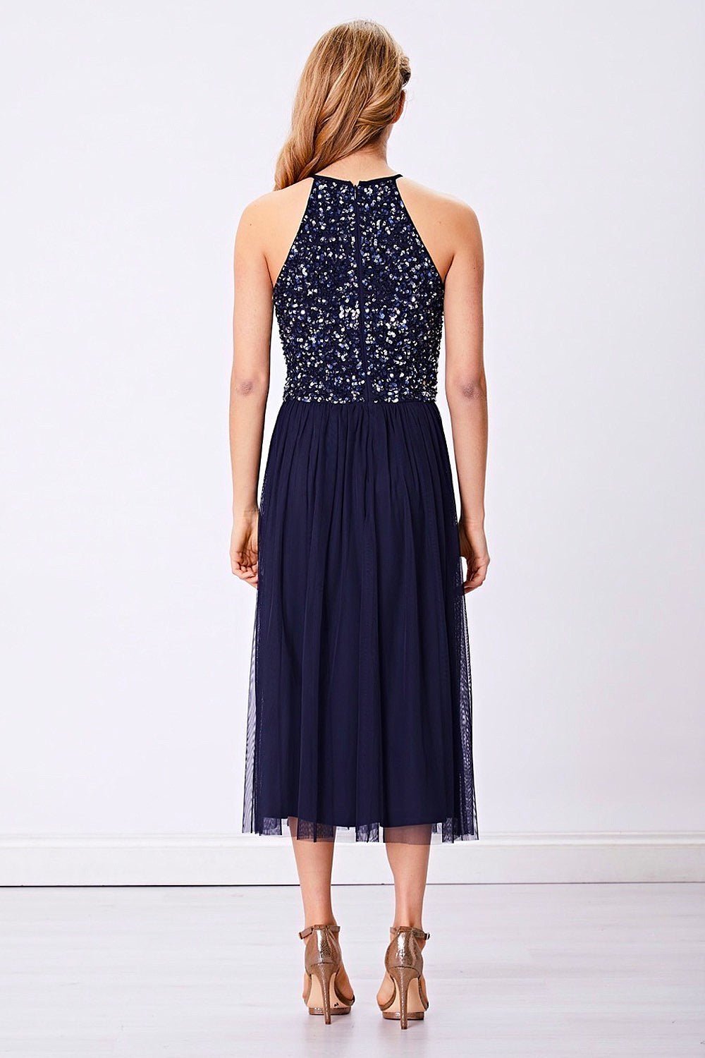 Embellished Halter Neck Sequin Midi Dress - Navy - Blue Sky Fashions & Lingerie