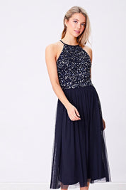 Embellished Halter Neck Sequin Midi Dress - Navy - Blue Sky Fashions & Lingerie