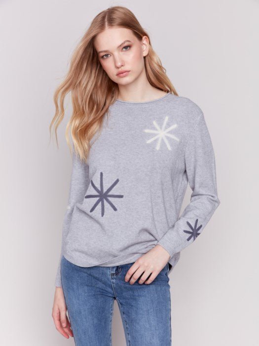 Embroidered Snow Flake Sweater - Light Grey - Blue Sky Fashions & Lingerie