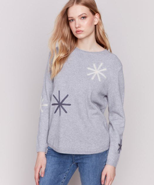 Embroidered Snow Flake Sweater - Light Grey - Blue Sky Fashions & Lingerie