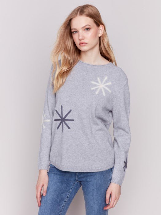 Embroidered Snow Flake Sweater - Light Grey - Blue Sky Fashions & Lingerie