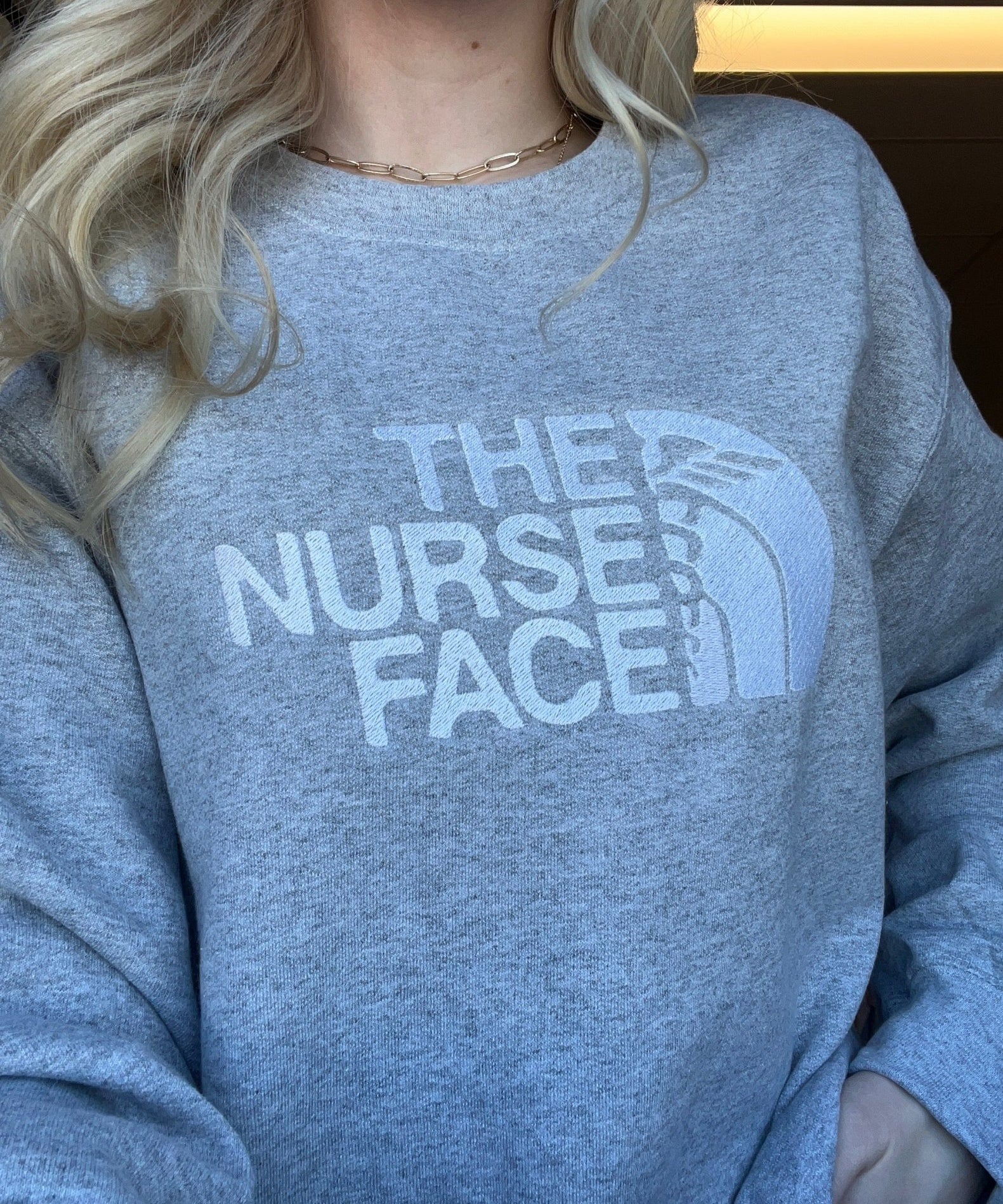 Embroidered “The Nurse Face” Cozy Crewneck - athletic grey - Blue Sky Fashions & Lingerie