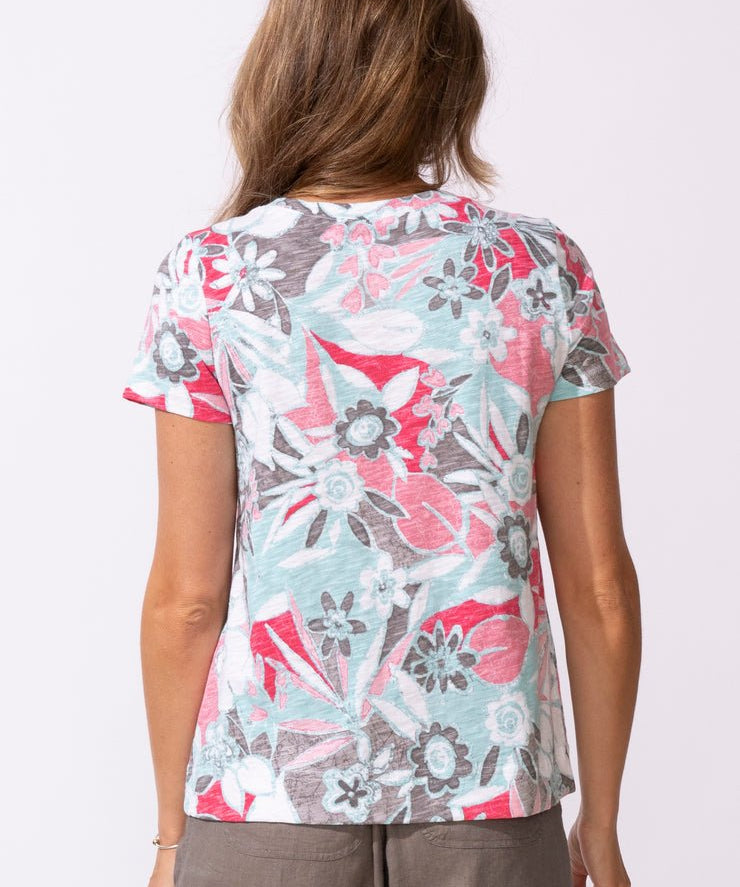 FIJI FLORAL COTTON V NECK TEE - Poppy - Blue Sky Fashions & Lingerie