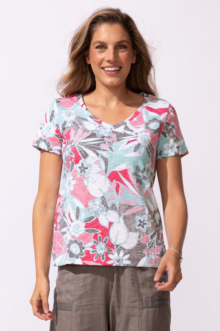 FIJI FLORAL COTTON V NECK TEE - Poppy - Blue Sky Fashions & Lingerie
