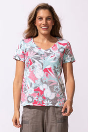 FIJI FLORAL COTTON V NECK TEE - Poppy - Blue Sky Fashions & Lingerie