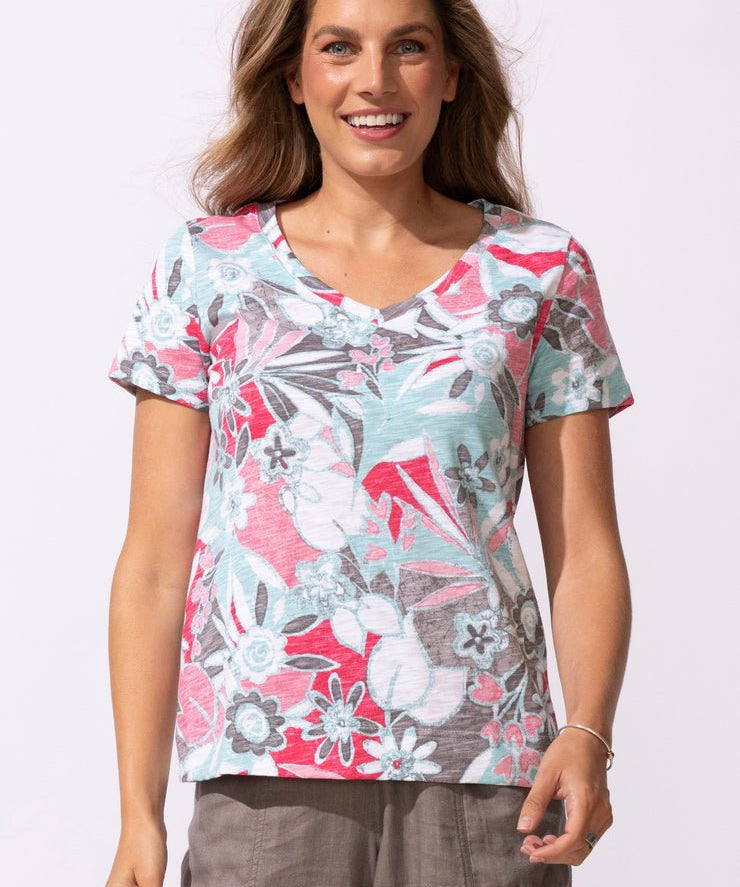 FIJI FLORAL COTTON V NECK TEE - Poppy - Blue Sky Fashions & Lingerie