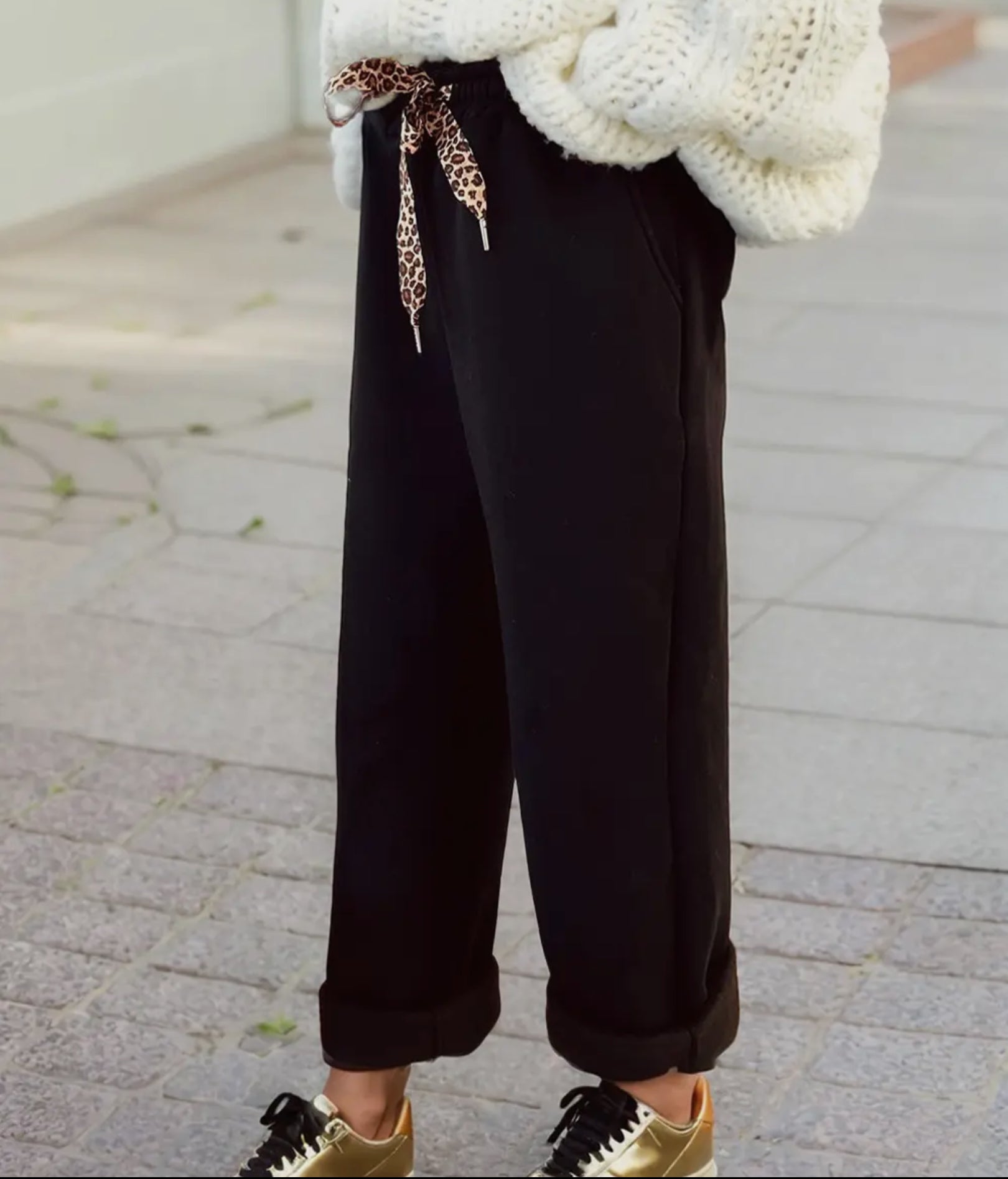 Fleece Lined Leopard Drawstring Elastic Waist Solid Pants - Blue Sky Fashions & Lingerie