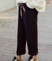 Fleece Lined Leopard Drawstring Elastic Waist Solid Pants - Blue Sky Fashions & Lingerie