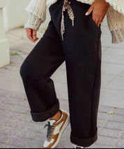 Fleece Lined Leopard Drawstring Elastic Waist Solid Pants - Blue Sky Fashions & Lingerie