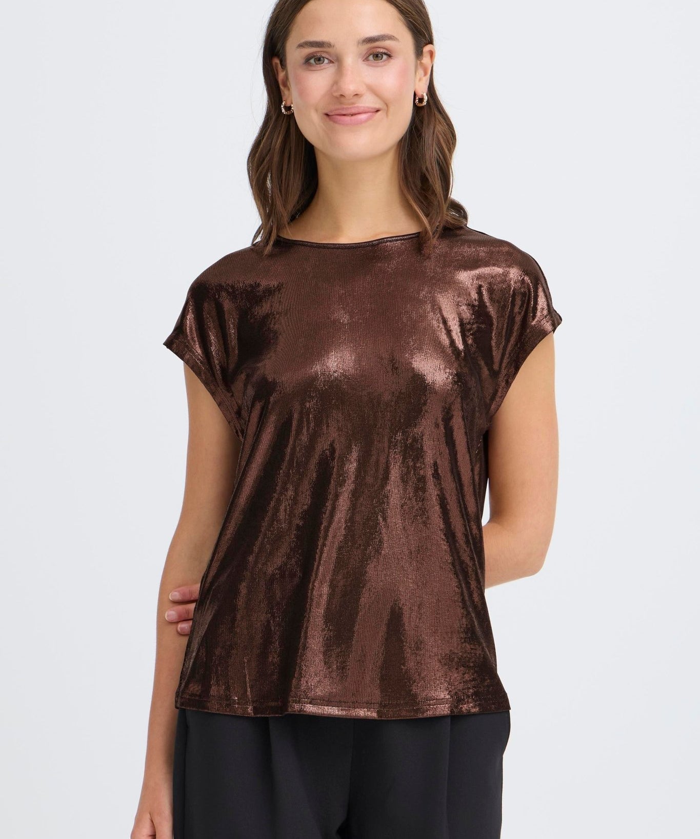 Franny metallic stretch T-shirt by Fransa - chocolate - Blue Sky Fashions & Lingerie