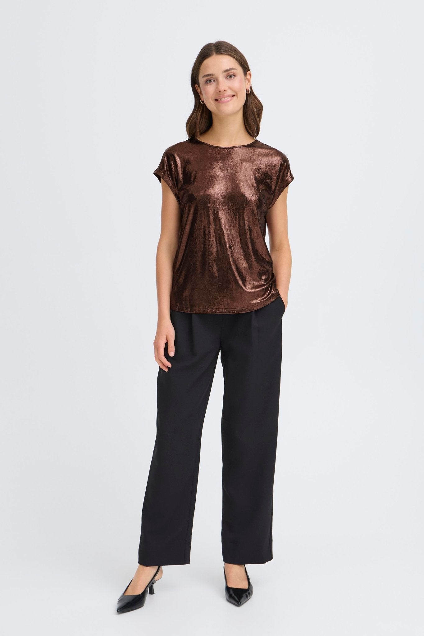 Franny metallic stretch T-shirt by Fransa - chocolate - Blue Sky Fashions & Lingerie