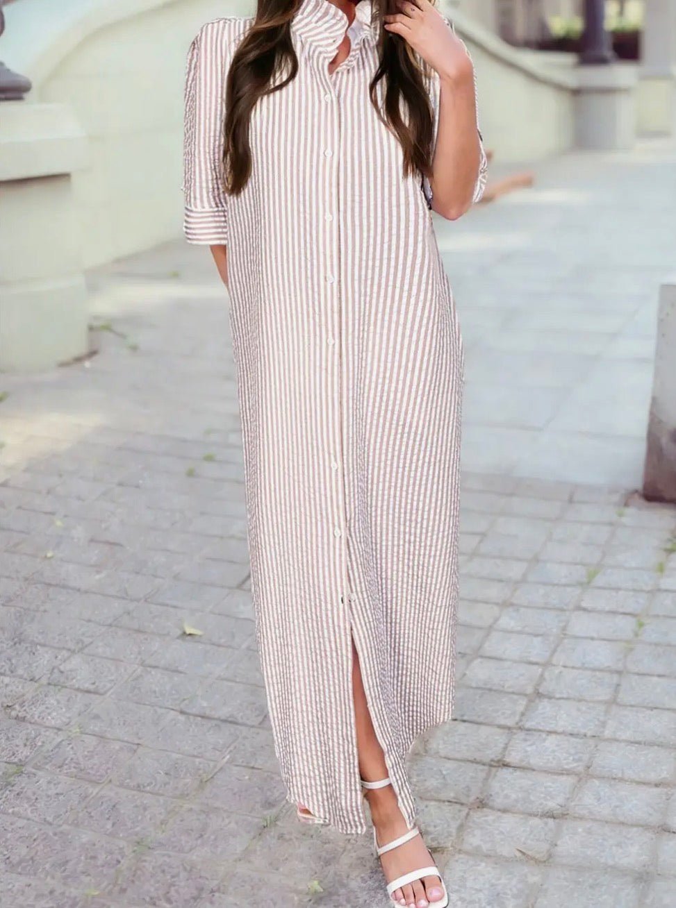 Frilled Collar Half Sleeve Shirt Maxi Dress - Blue Sky Fashions & Lingerie