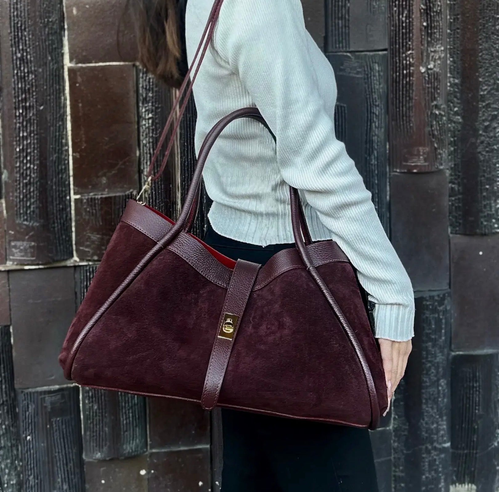Genuine Italian Suede Leather Handbag - Burgundy - Blue Sky Fashions & Lingerie