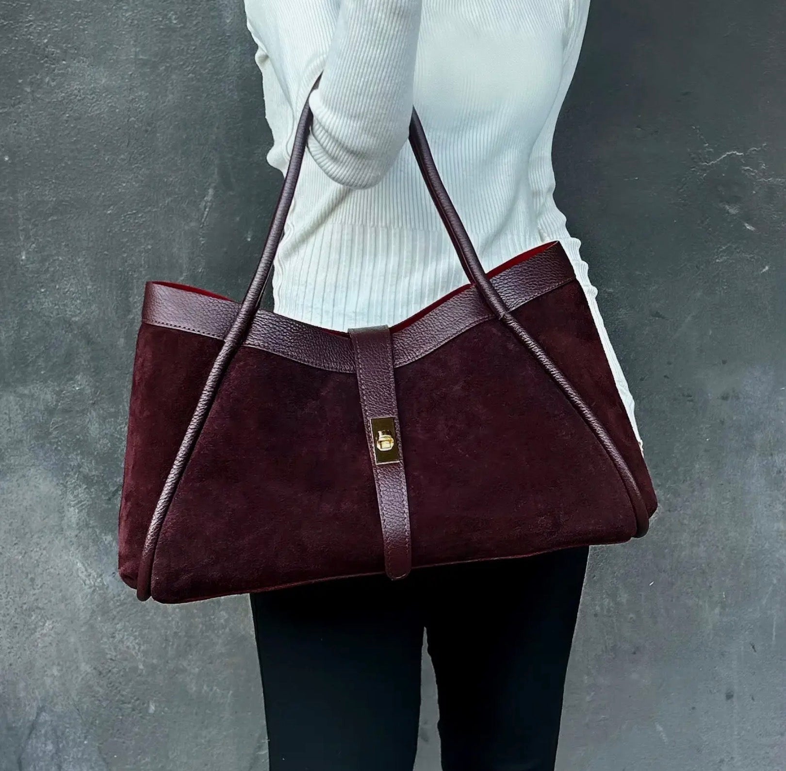 Genuine Italian Suede Leather Handbag - Burgundy - Blue Sky Fashions & Lingerie