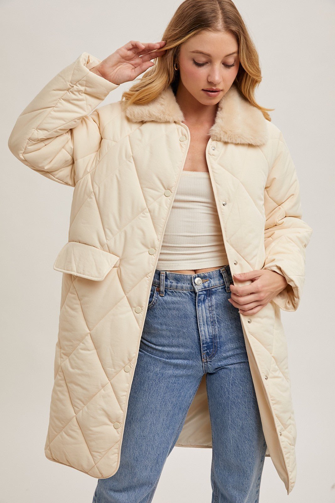 Gillian Quilted Puffer Midi Jacket -Ecru - Blue Sky Fashions & Lingerie