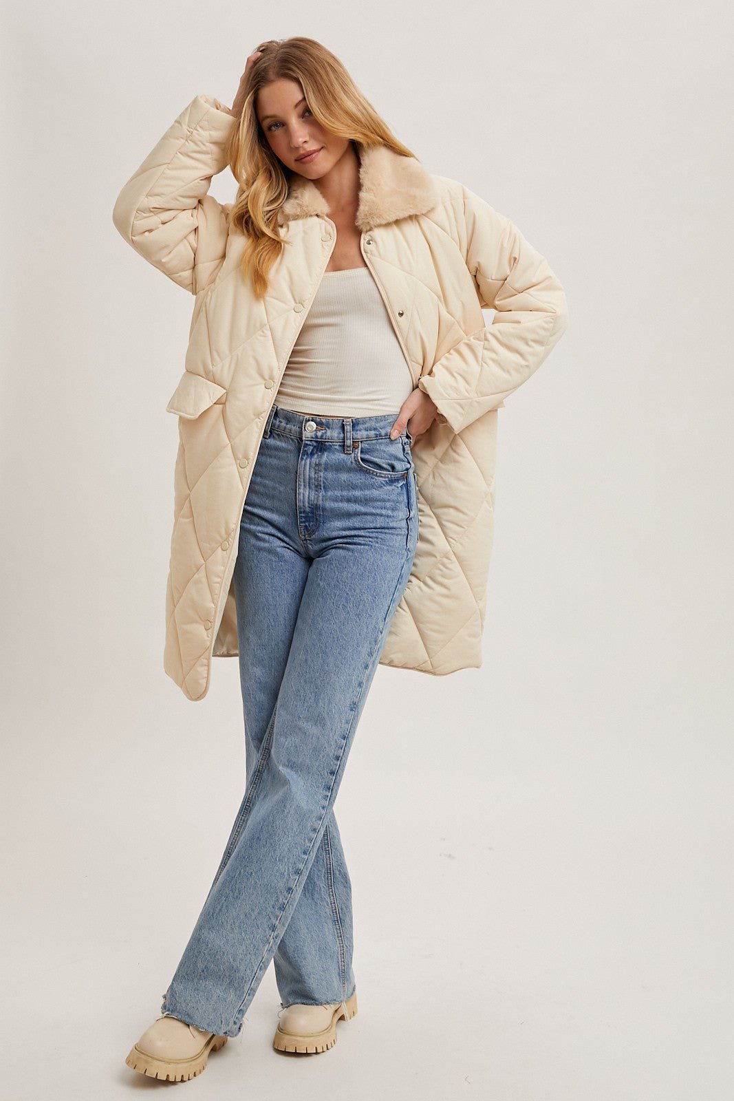 Gillian Quilted Puffer Midi Jacket -Ecru - Blue Sky Fashions & Lingerie