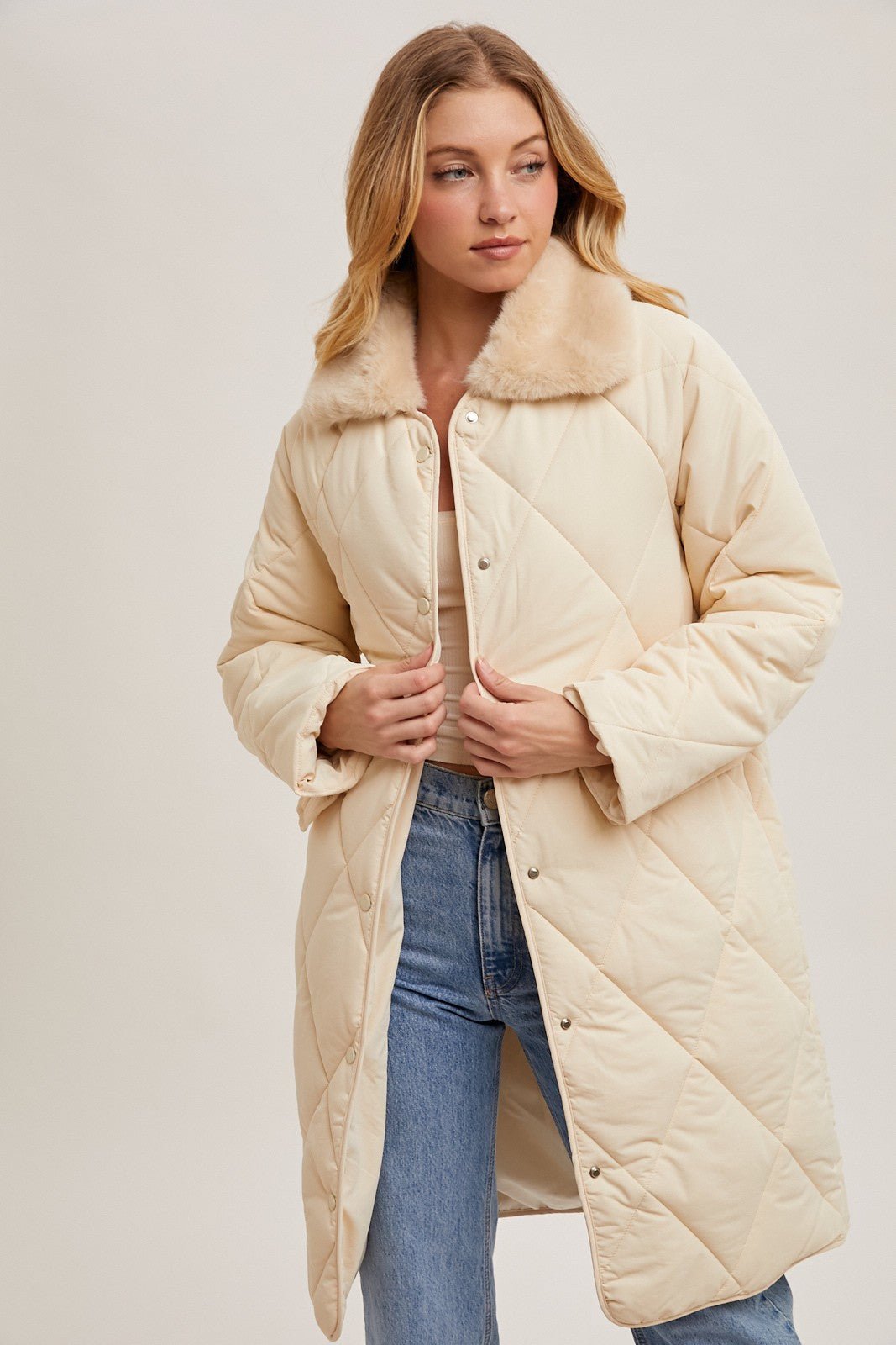 Gillian Quilted Puffer Midi Jacket -Ecru - Blue Sky Fashions & Lingerie