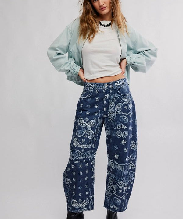 Good Luck Printed Barrel Jeans - navy bandana - Blue Sky Fashions & Lingerie
