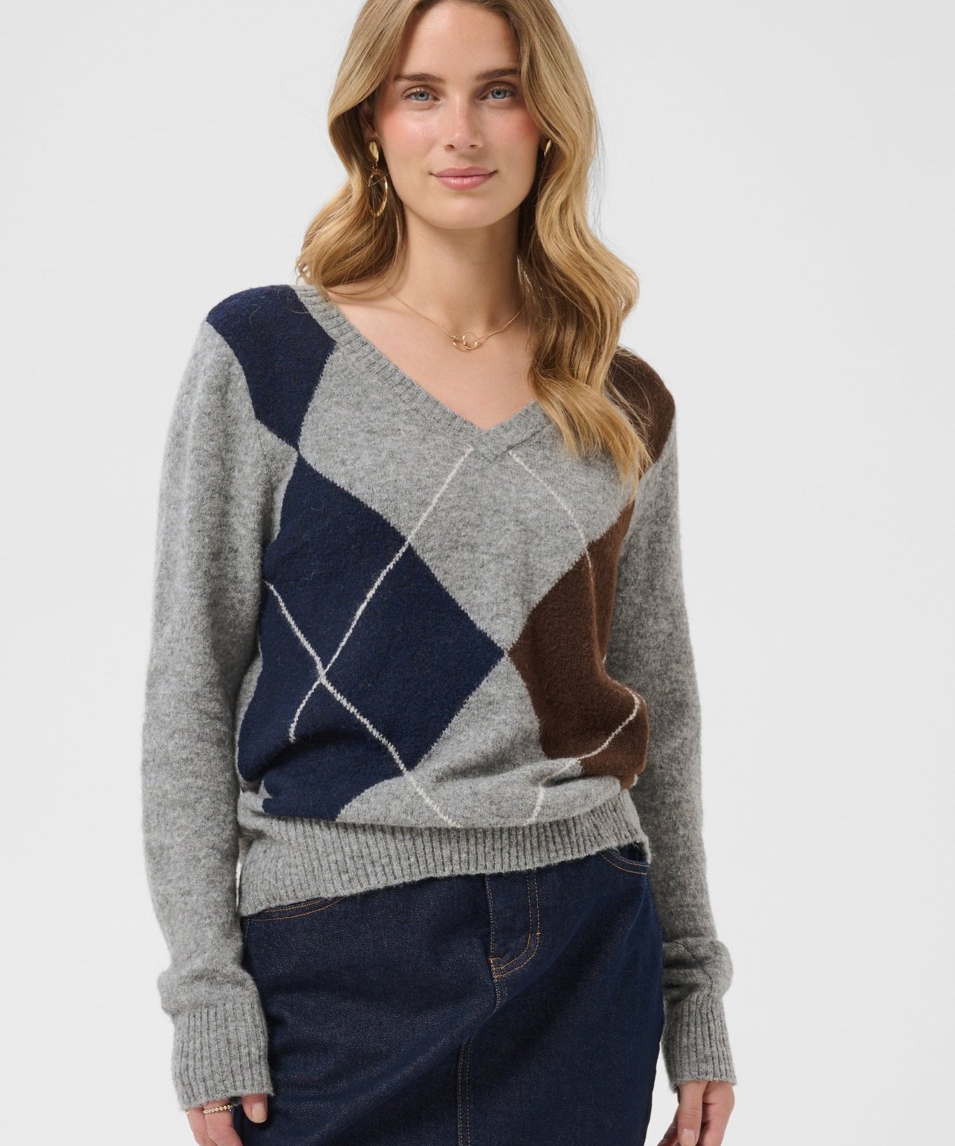 Hope Argyle Print Sweater by Cream - Grey Melange - Blue Sky Fashions & Lingerie