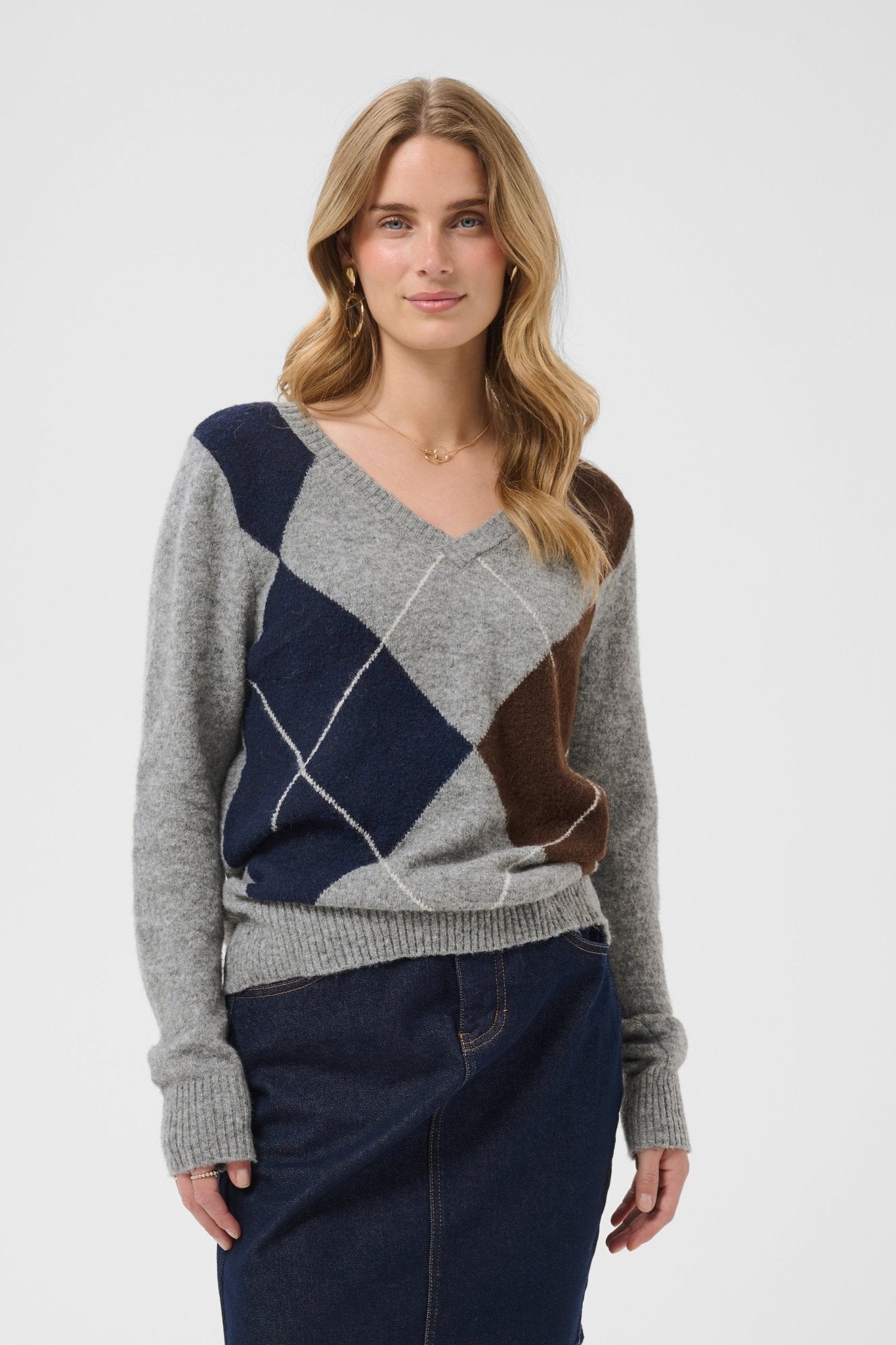 Hope Argyle Print Sweater by Cream - Grey Melange - Blue Sky Fashions & Lingerie