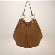 Italian Suede Leather Bucket Bag - Brown - Blue Sky Fashions & Lingerie