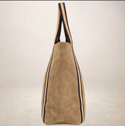 Italian Suede Leather Shopper Bag with Sporty Canvas Strap - Brown - Blue Sky Fashions & Lingerie