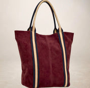 Italian Suede Leather Shopper Bag with Sporty Canvas Strap - Burgundy - Blue Sky Fashions & Lingerie