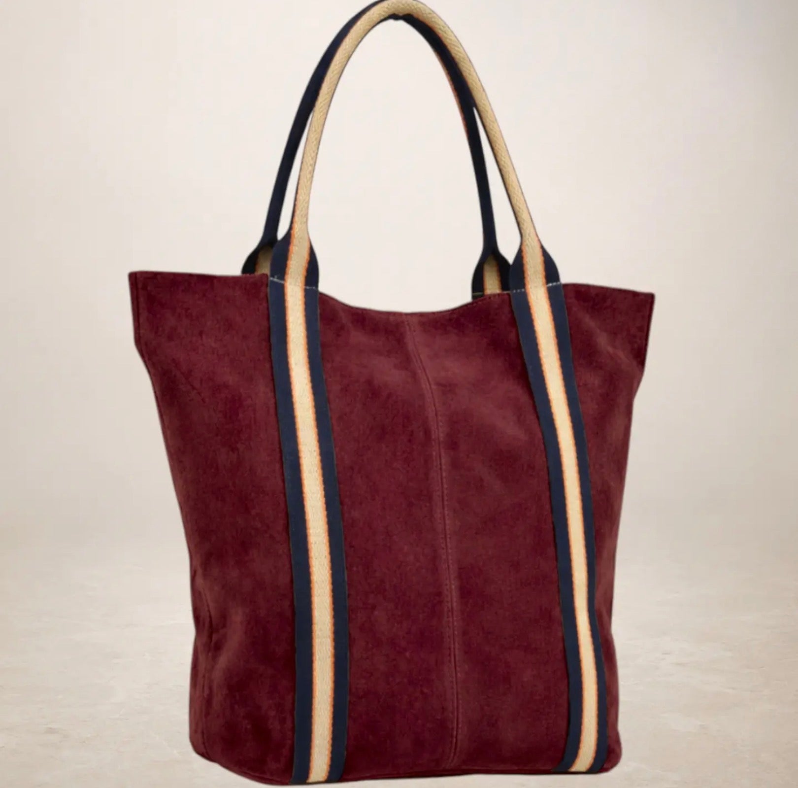 Italian Suede Leather Shopper Bag with Sporty Canvas Strap - Burgundy - Blue Sky Fashions & Lingerie